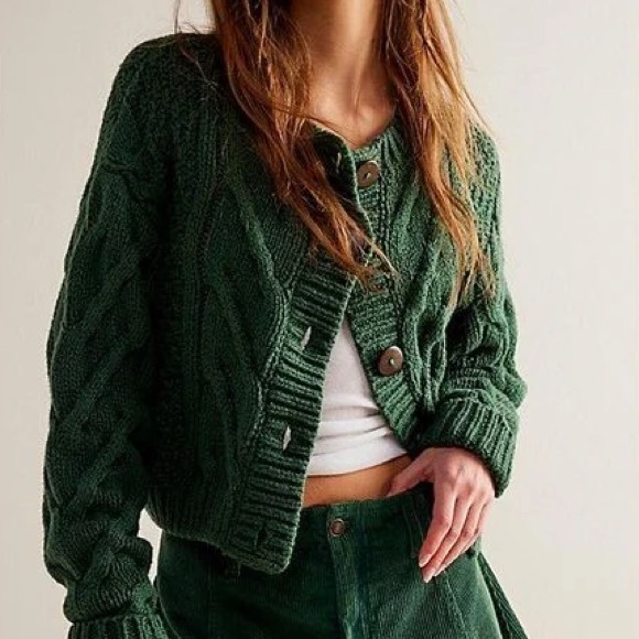 Free People Cable Knit Green Button Cardigan - Never Worn - Picture 2 of 4